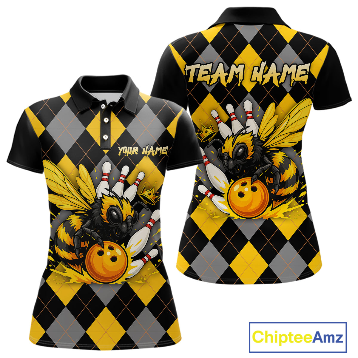 Black and Yellow argyle pattern Honey Bee Bowling shirts for Women Custom Team bowling jerseys NQS11250