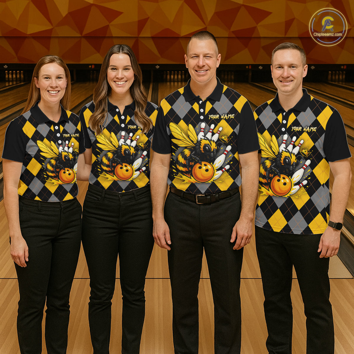 Black and Yellow argyle pattern Honey Bee Bowling shirts for Women Custom Team bowling jerseys NQS11250