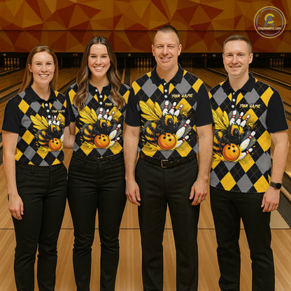 Black and Yellow argyle pattern Honey Bee Bowling shirts for Women Custom Team bowling jerseys NQS11250