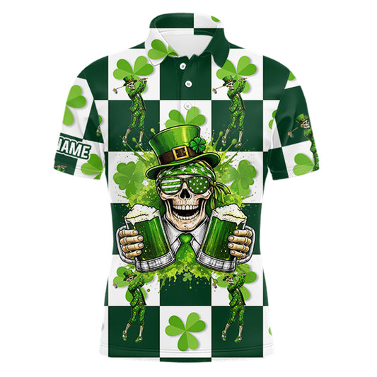 Funny Skull drink beer Clover square pattern Mens Golf Polo shirts Custom St Patrick's Day golf tops NQS11454