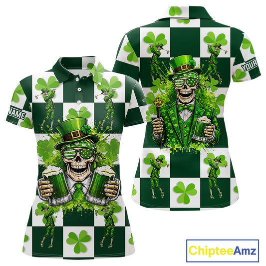 Funny Skull drink beer Clover square pattern Women Golf Polo shirts Custom St Patrick's Day golf tops NQS11454