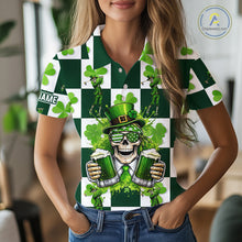 Load image into Gallery viewer, Funny Skull drink beer Clover square pattern Women Golf Polo shirts Custom St Patrick's Day golf tops NQS11454