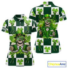 Load image into Gallery viewer, Funny Skull drink beer Clover square pattern Women Golf Polo shirts Custom St Patrick's Day golf tops NQS11454