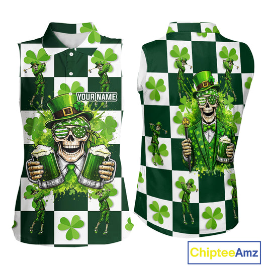 Funny Skull drink beer Clover square pattern Sleeveless Golf tops Custom St Patrick's Day golf tops NQS11454