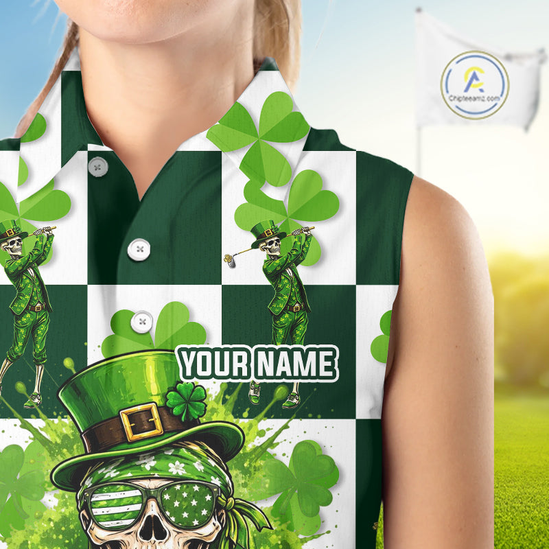 Funny Skull drink beer Clover square pattern Sleeveless Golf tops Custom St Patrick's Day golf tops NQS11454