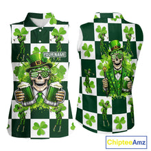 Load image into Gallery viewer, Funny Skull drink beer Clover square pattern Sleeveless Golf tops Custom St Patrick's Day golf tops NQS11454