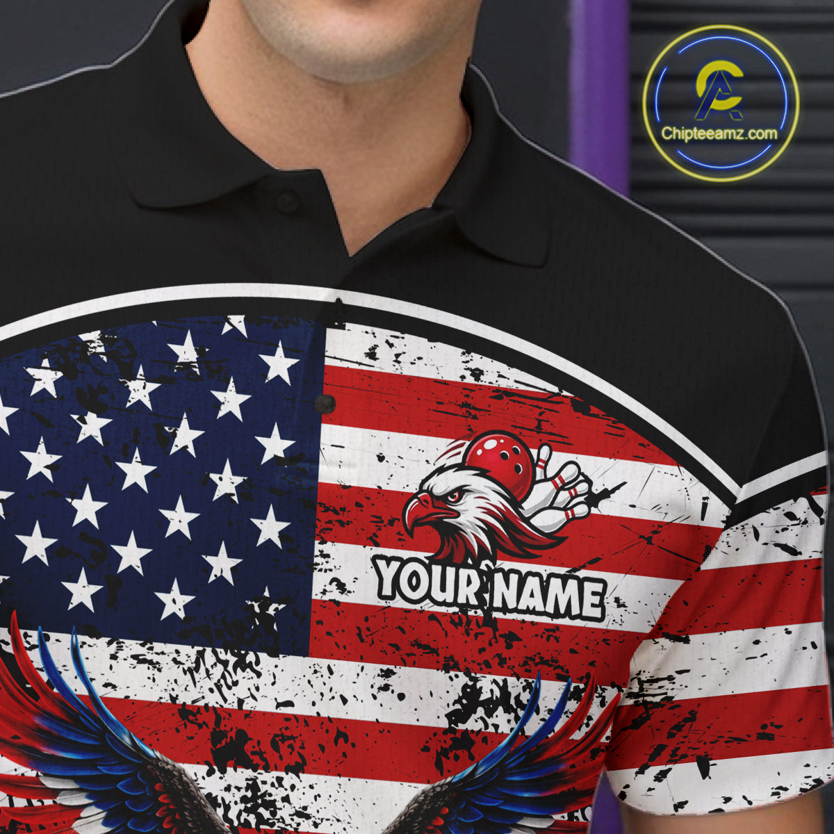 American Flag Eagle Flame Bowling Shirts For Men Custom patriotic Bowling Team Jerseys NQS11735