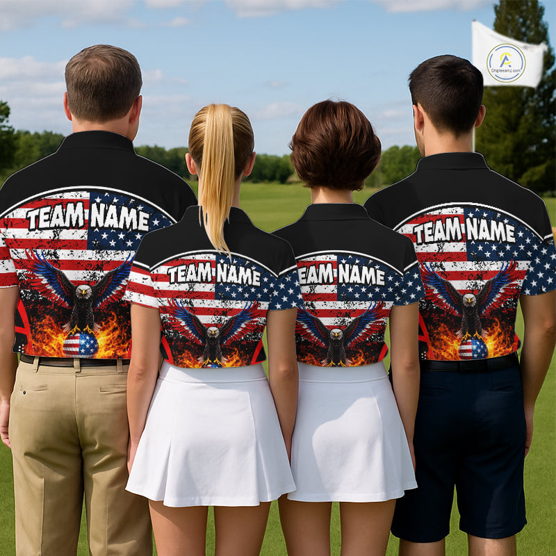 Red, White and Blue American Flag Eagle Flame Golf polo shirt for men custom patriotic golf attire NQS11736
