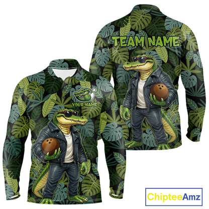 Green tropical leaf pattern Funny Alligator Bowling Shirts For Men Custom Bowling Team Jerseys NQS11744