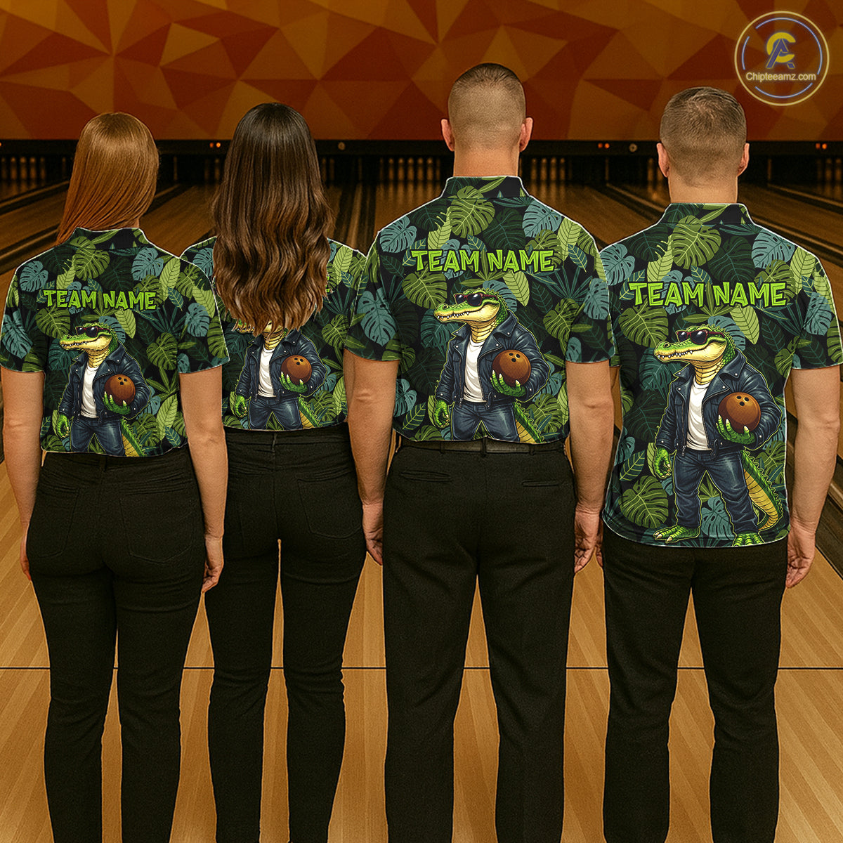 Green tropical leaf pattern Funny Alligator Bowling Shirts For Men Custom Bowling Team Jerseys NQS11744