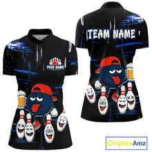 Load image into Gallery viewer, Custom Black And Blue Funny Beer Bowling Women Polo, Quarter Zip Shirts, funny bowling shirts NQS11488