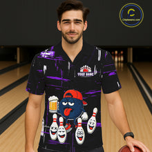 Load image into Gallery viewer, Custom Black And Purple Funny Beer Hawaiian bowling jersey, funny bowling shirts NQS11489