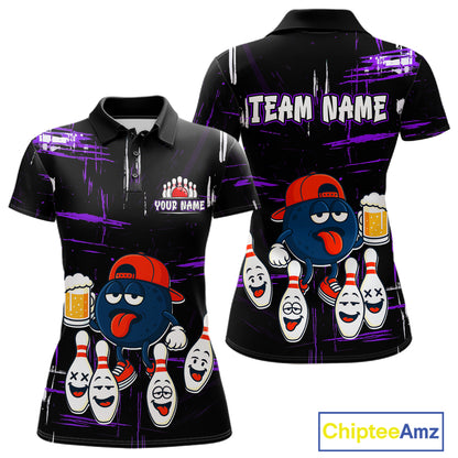 Custom Black And Purple Funny Beer Bowling Women Polo, Quarter Zip Shirts, funny bowling shirts NQS11489