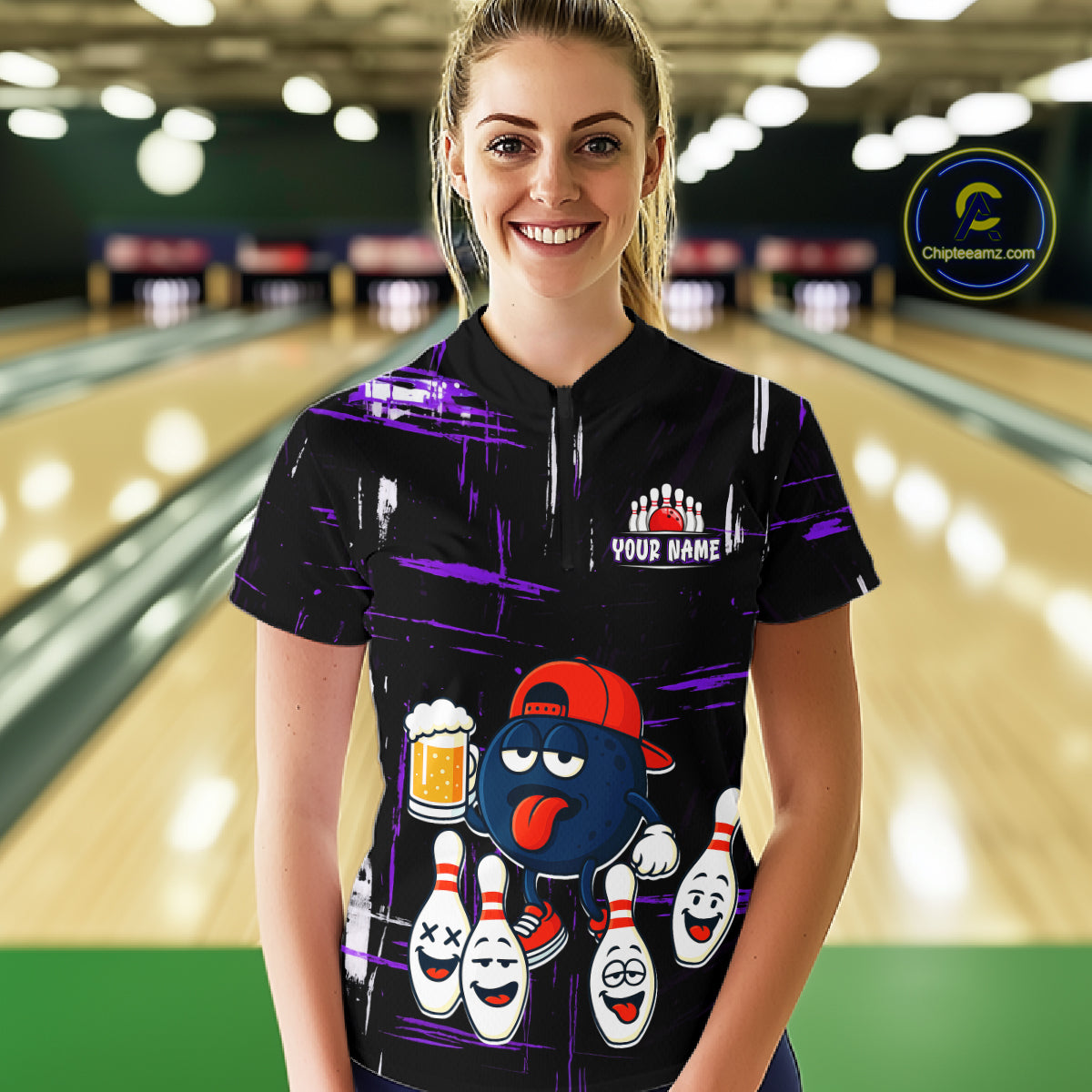 Custom Black And Purple Funny Beer Bowling Women Polo, Quarter Zip Shirts, funny bowling shirts NQS11489
