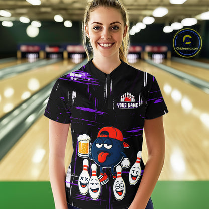 Custom Black And Purple Funny Beer Bowling Women Polo, Quarter Zip Shirts, funny bowling shirts NQS11489