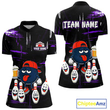 Load image into Gallery viewer, Custom Black And Purple Funny Beer Bowling Women Polo, Quarter Zip Shirts, funny bowling shirts NQS11489