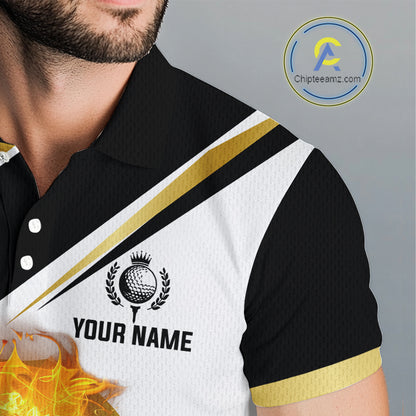 Black and White Gold Flame Golf Polo Shirts For Men custom team men golf attire, gift for golf lovers NQS10905