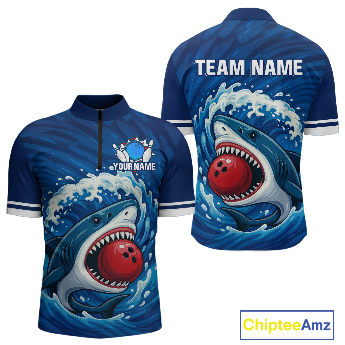 Custom Blue Shark Bowling Polo, Quarter Zip Shirts For Men, Shark Bowling Team League Shirt NQS10697