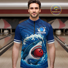 Load image into Gallery viewer, Custom Blue Shark Bowling Polo, Quarter Zip Shirts For Men, Shark Bowling Team League Shirt NQS10697