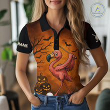 Load image into Gallery viewer, Black and Orange Funny Flamingo Golf Polo Shirt For Women Custom Halloween Golf Attire Golfing Gifts NQS10701