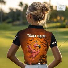 Load image into Gallery viewer, Black and Orange Funny Flamingo Golf Polo Shirt For Women Custom Halloween Golf Attire Golfing Gifts NQS10701