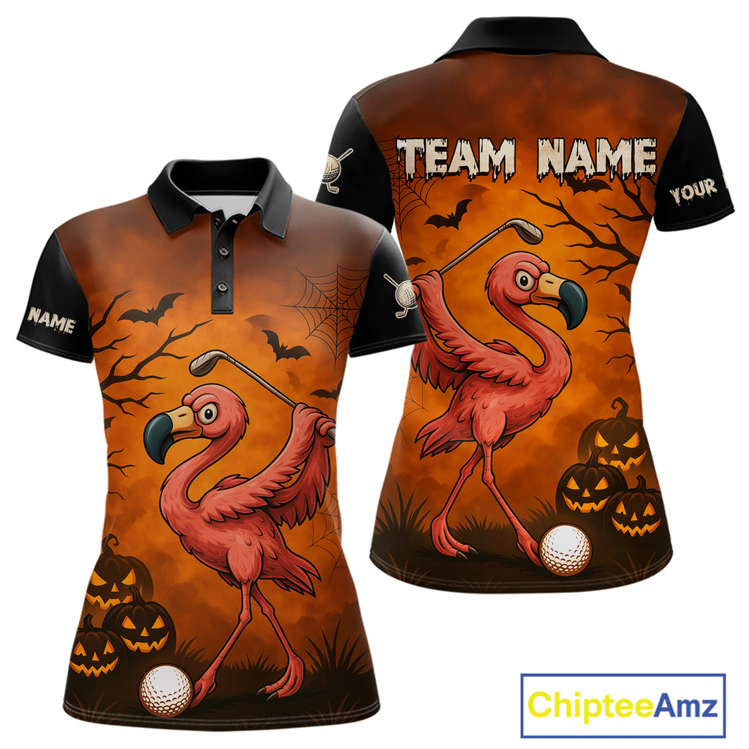 Black and Orange Funny Flamingo Golf Polo Shirt For Women Custom Halloween Golf Attire Golfing Gifts NQS10701