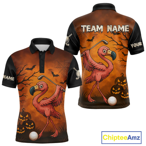 Black and Orange Funny Flamingo Golf Polo Shirt For Men Custom Halloween Golf Attire Golfing Gifts NQS10701