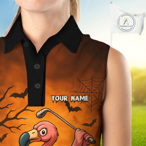 Black and Orange Funny Flamingo Women Sleeveless Polo Shirt Custom Halloween Golf Attire Golfing Gift NQS10701