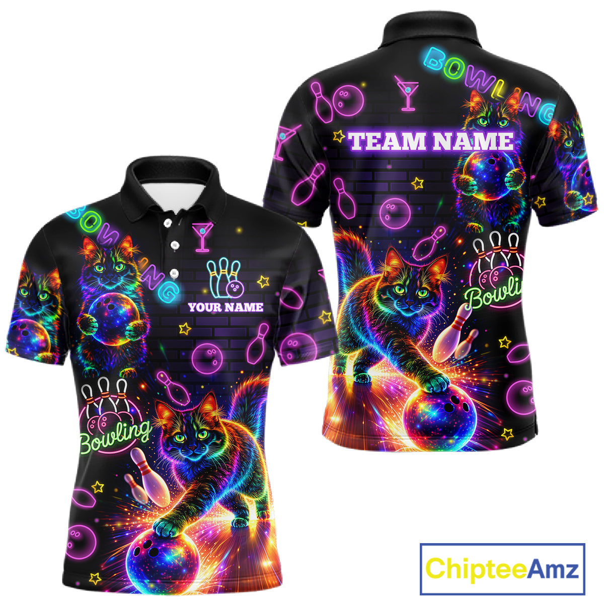Custom Funny Cat Neon Bowling Jerseys for Men Bowling Outfit Polo & 1/4 Zip Bowling Team Shirts NQS11515