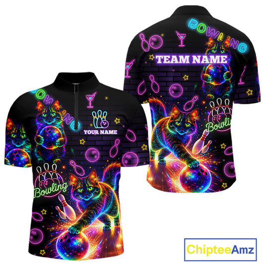 Custom Funny Cat Neon Bowling Jerseys for Men Bowling Outfit Polo & 1/4 Zip Bowling Team Shirts NQS11515