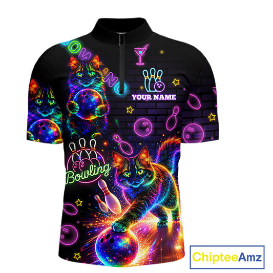 Custom Funny Cat Neon Bowling Jerseys for Men Bowling Outfit Polo & 1/4 Zip Bowling Team Shirts NQS11515