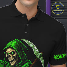Load image into Gallery viewer, Black and Green Flame Skull Reaper Bowling Polo, Quarter Zip shirt for Men Custom team bowling jersey NQS10712