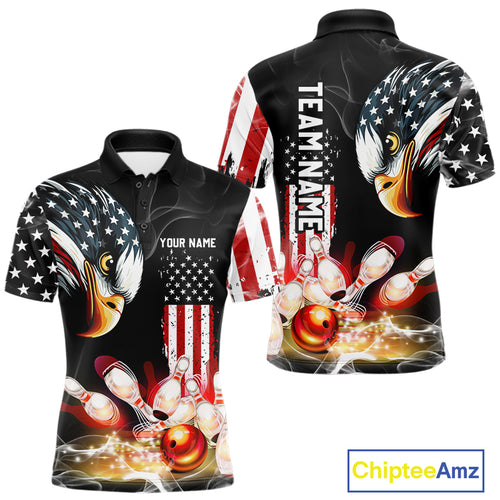 American Flag smoke Eagle Bowling Polo, 1/4 zip Shirts For Men Custom patriotic Bowling team jerseys NQS10719