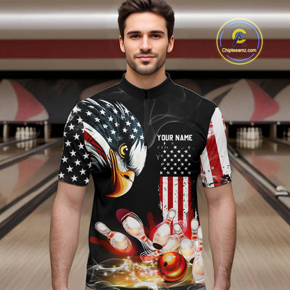 American Flag smoke Eagle Bowling Polo, 1/4 zip Shirts For Men Custom patriotic Bowling team jerseys NQS10719