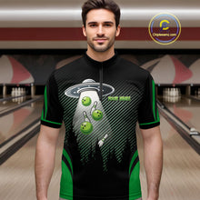 Load image into Gallery viewer, Black and Green ufo alien Bowling Mens Bowling Polo, quarter zip Shirts Custom Bowling Team Jersey NQS10726