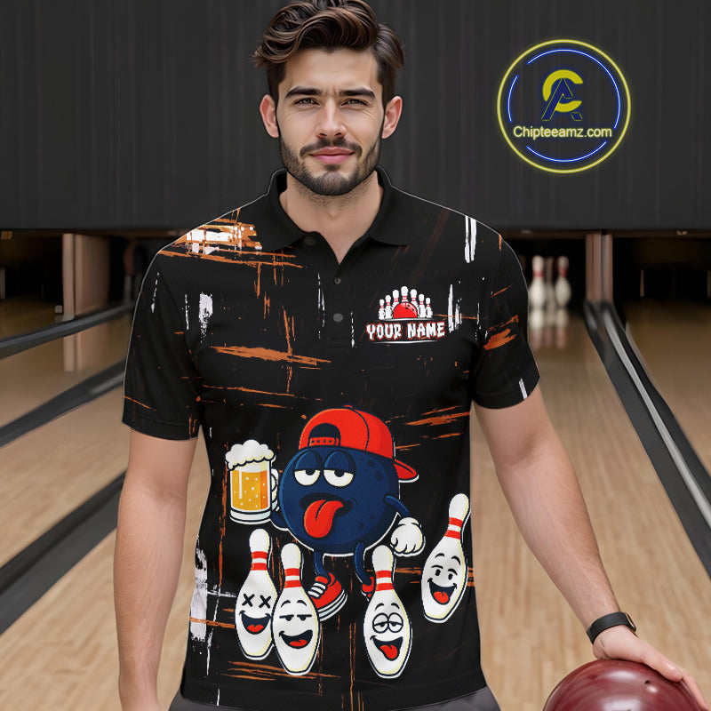 Custom Black And Orange Funny Beer Bowling Men Polo, Quarter Zip Shirts, funny bowling shirts NQS10959