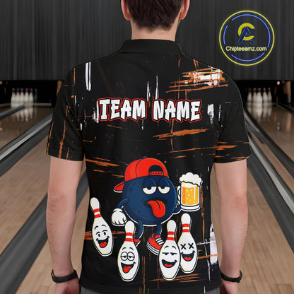 Custom Black And Orange Funny Beer Bowling Men Polo, Quarter Zip Shirts, funny bowling shirts NQS10959