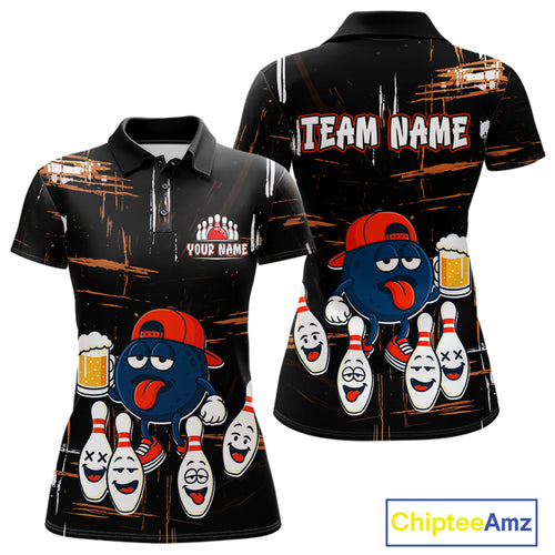 Custom Black And Orange Funny Beer Bowling Women Polo, Quarter Zip Shirts, funny bowling shirts NQS10959