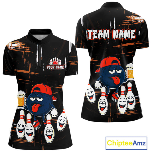 Custom Black And Orange Funny Beer Bowling Women Polo, Quarter Zip Shirts, funny bowling shirts NQS10959