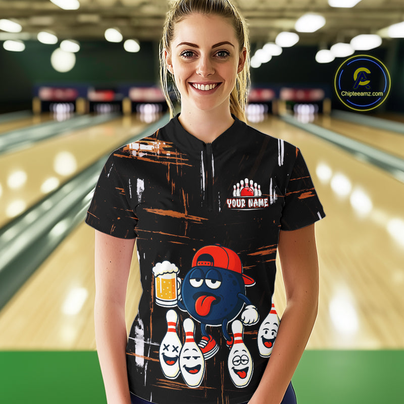 Custom Black And Orange Funny Beer Bowling Women Polo, Quarter Zip Shirts, funny bowling shirts NQS10959