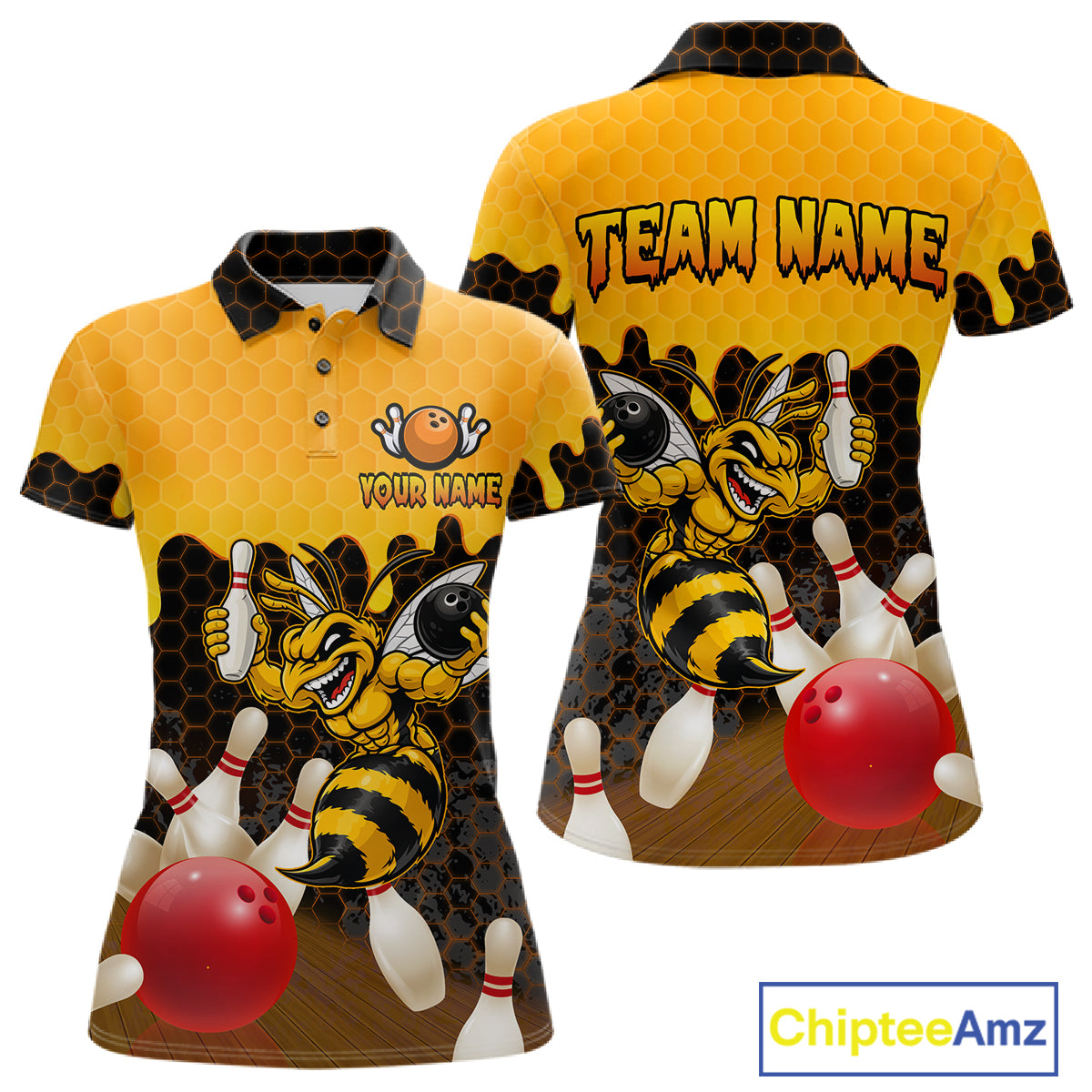 Custom Black and Yellow Honey Pattern Angry Bee Bowling Team Shirts For Women, Bowling League Shirts NQS11705