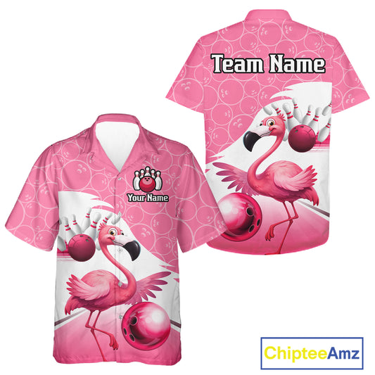 Funny Pink Flamingo Bowling Button-up Shirt Custom Flamingo Team bowling jerseys, gift for bowlers NQS11715