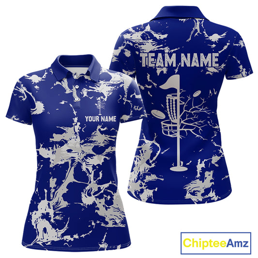 Blue and Gray Camo Disc Golf basket Women Disc golf polo shirts Custom team disc golf jerseys NQS10797