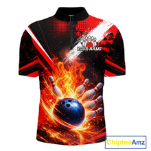 Load image into Gallery viewer, Custom Black and Red Flame Bowling Jersey Bowling Polo, 1/4 Zip Shirts for Men, Team bowling outfit NQS11595