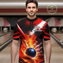 Load image into Gallery viewer, Custom Black and Red Flame Bowling Jersey Bowling Polo, 1/4 Zip Shirts for Men, Team bowling outfit NQS11595