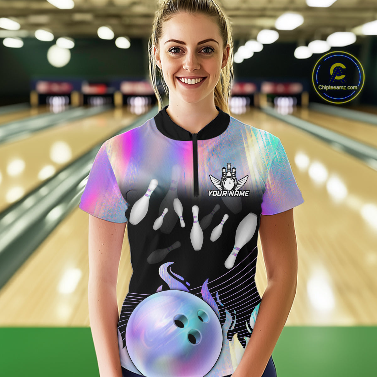 Bowling Polo Shirts For Women, 1/4 zip shirts Custom hologram Bowling Team Shirts Bowler Outfit NQS11385