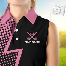 Load image into Gallery viewer, Black and Pink dots pattern Lightning Sleeveless Golf polo shirt custom golf top for ladies NQS10853