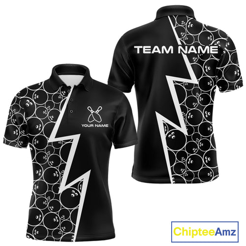 Black & White Lightning Camo Bowling Polo, Quarter Zip Shirt For Men Custom Team Bowling Jersey NQS10854