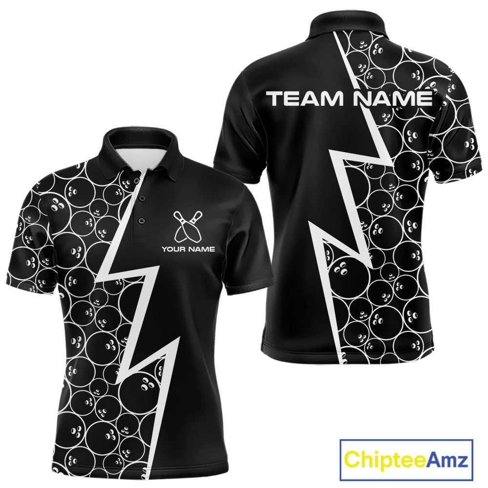 Black & White Lightning Camo Bowling Polo, Quarter Zip Shirt For Men Custom Team Bowling Jersey NQS10854