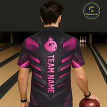 Load image into Gallery viewer, Black and Pink Bowling Button-up Shirt Custom Team Hawaiian Bowling Jersey, Gift For Bowler NQS11633